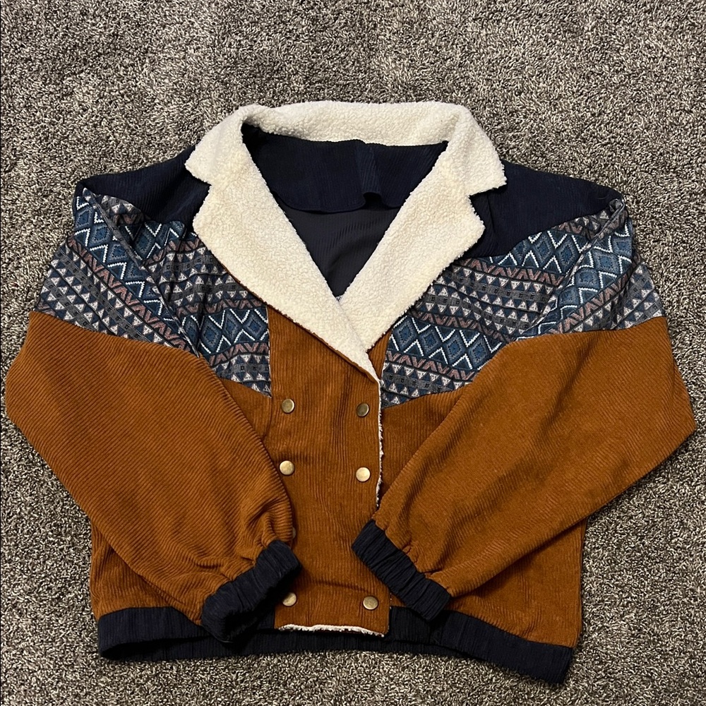 SHEIN Brown Corduroy Jacket with Geometric Patterns